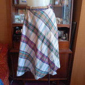sz 9 26W Vintage G.J. Ford New York Multicolor Plaid Skirt With Woven Belt